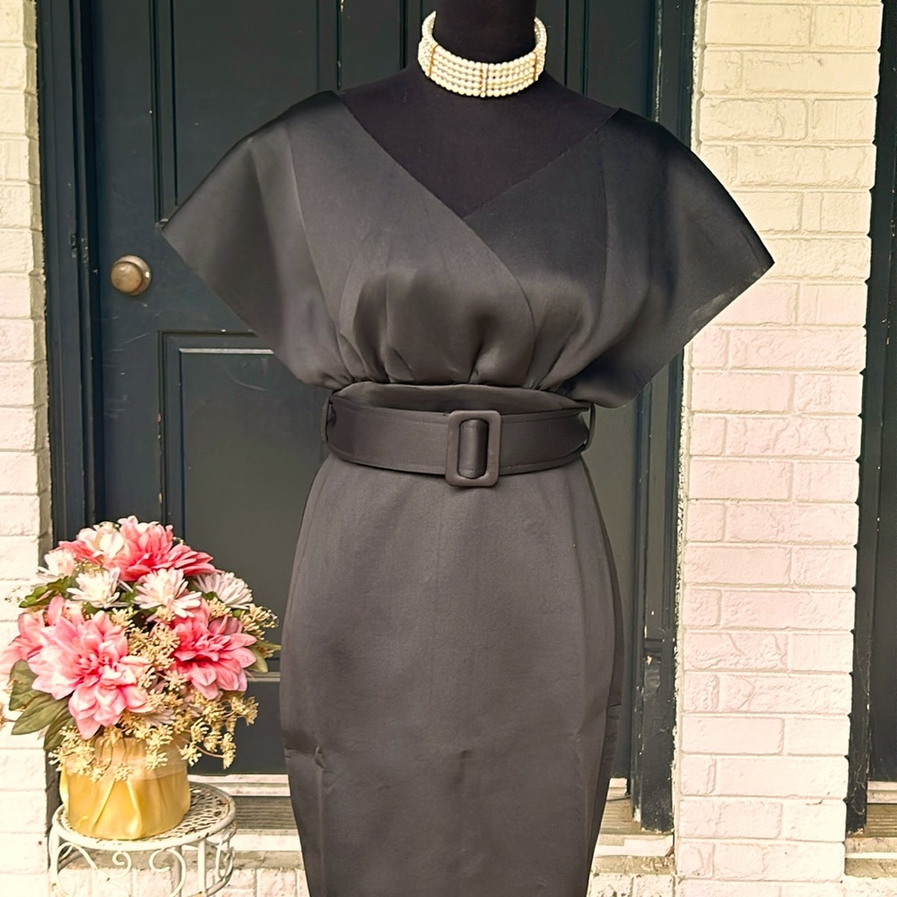 Belted black midi dress